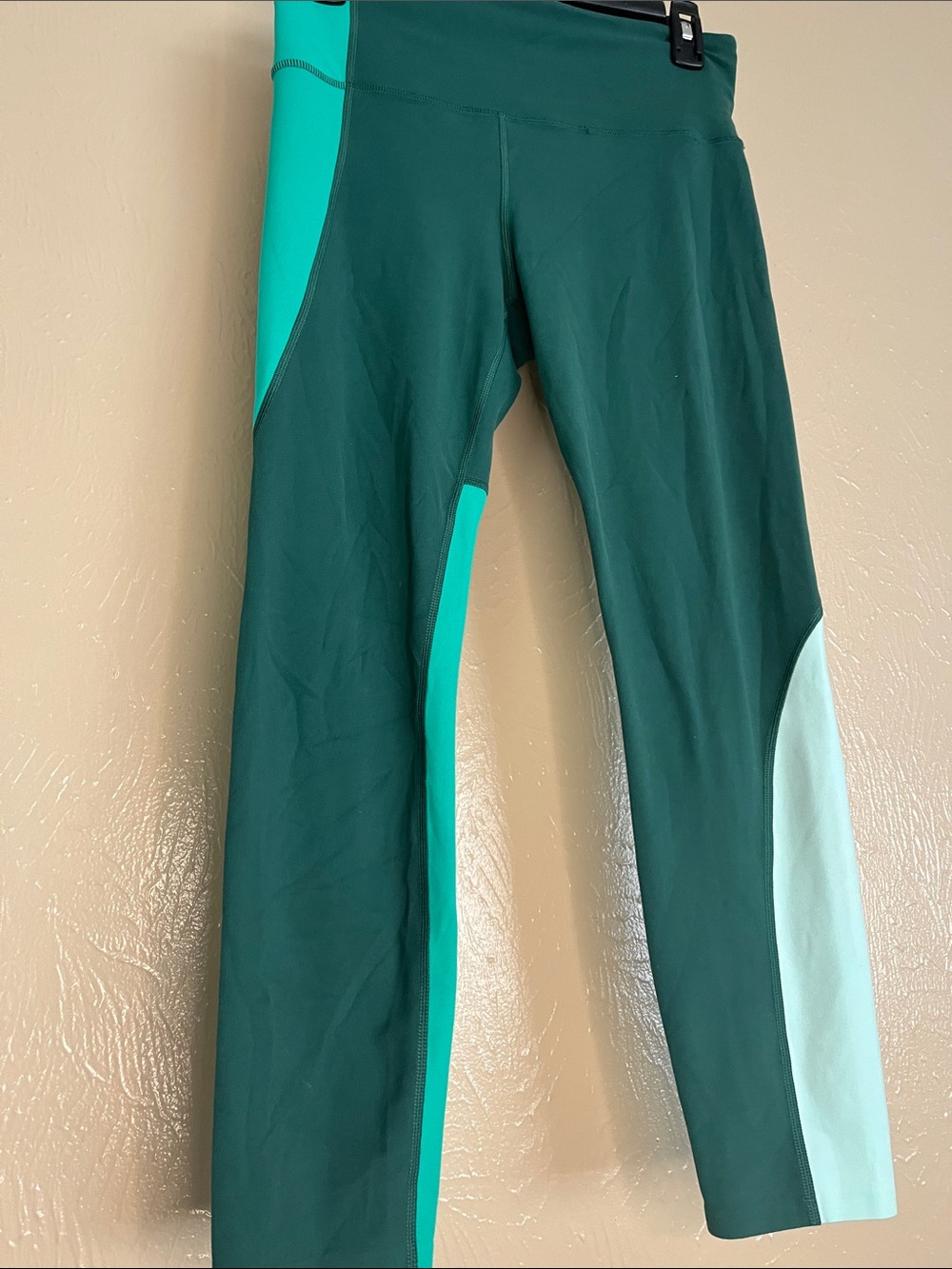 Athleta Dark Green Leggings with Teal and Light Mint Panels